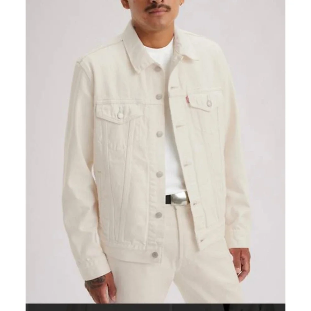 Levis Mens Trucker Jacket Cream Off White Denim Button Up Coat Size Medium - Picture 15 of 16